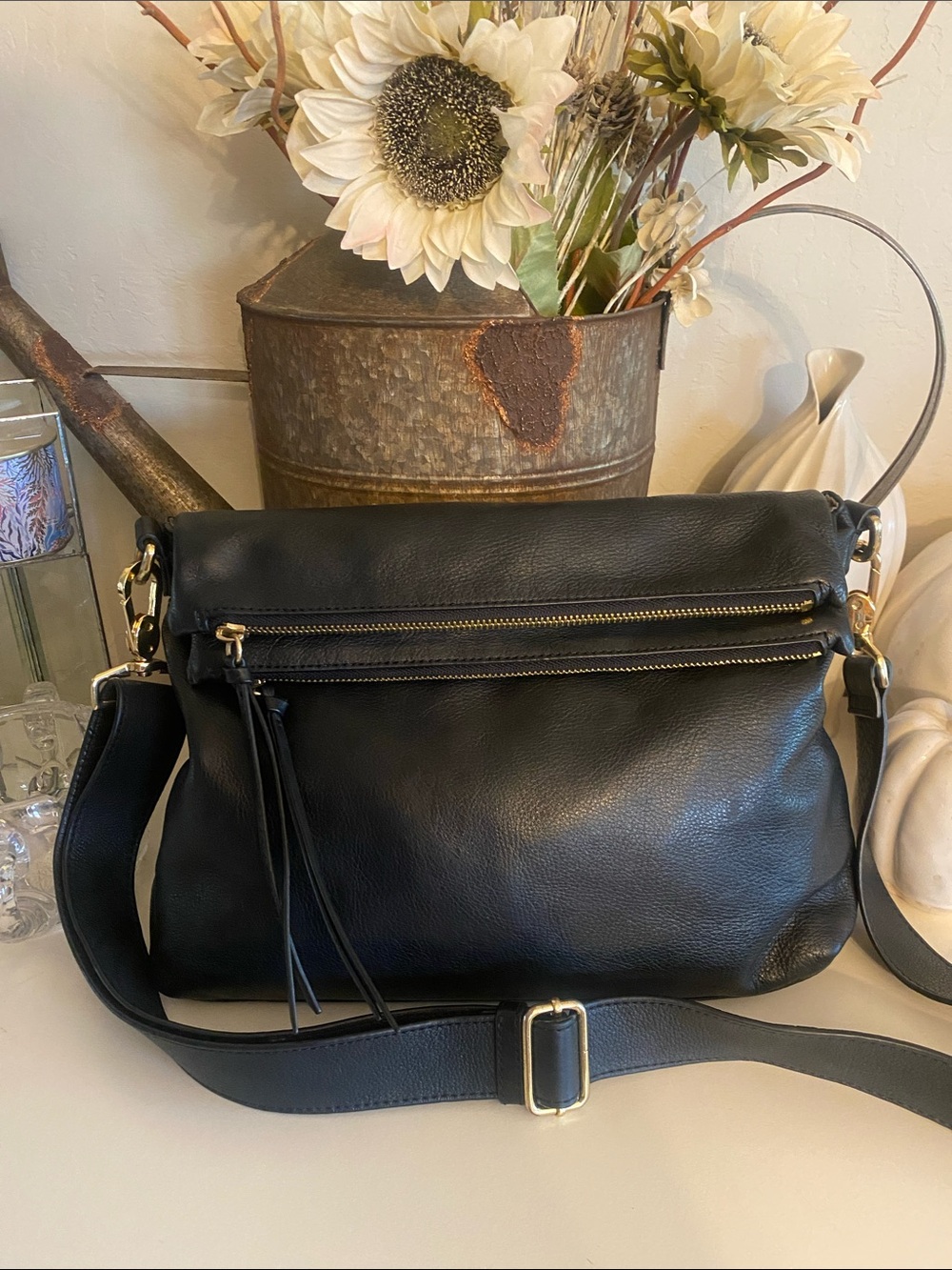 Margot NY Mickey Double Zip Crossbody Black pebble leather w/ adjustable strap